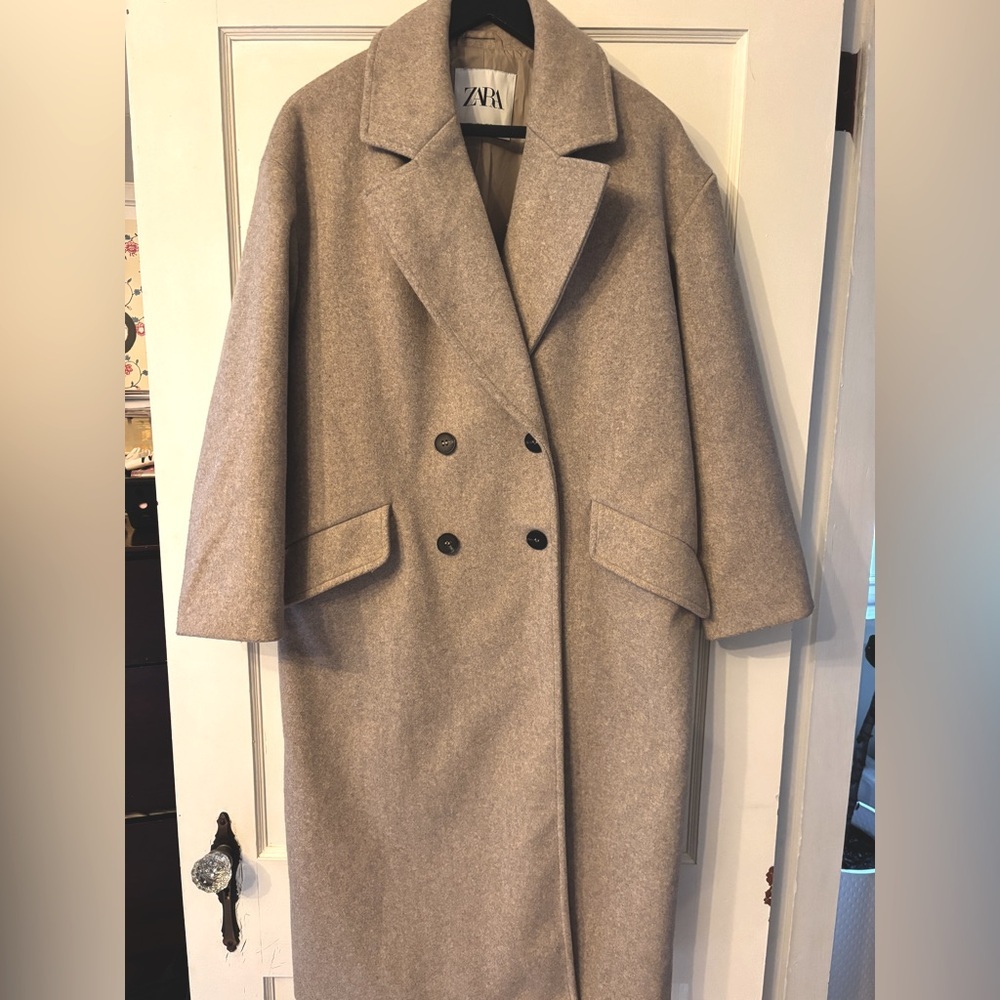 Zara Beige Double-Breasted Wool Trench Coat